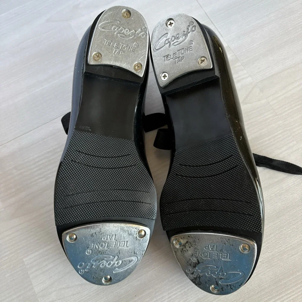 Capezio TeleTone Tap Shoes‎ Black Patent Lace Up Size Youth 13.5 M EUC